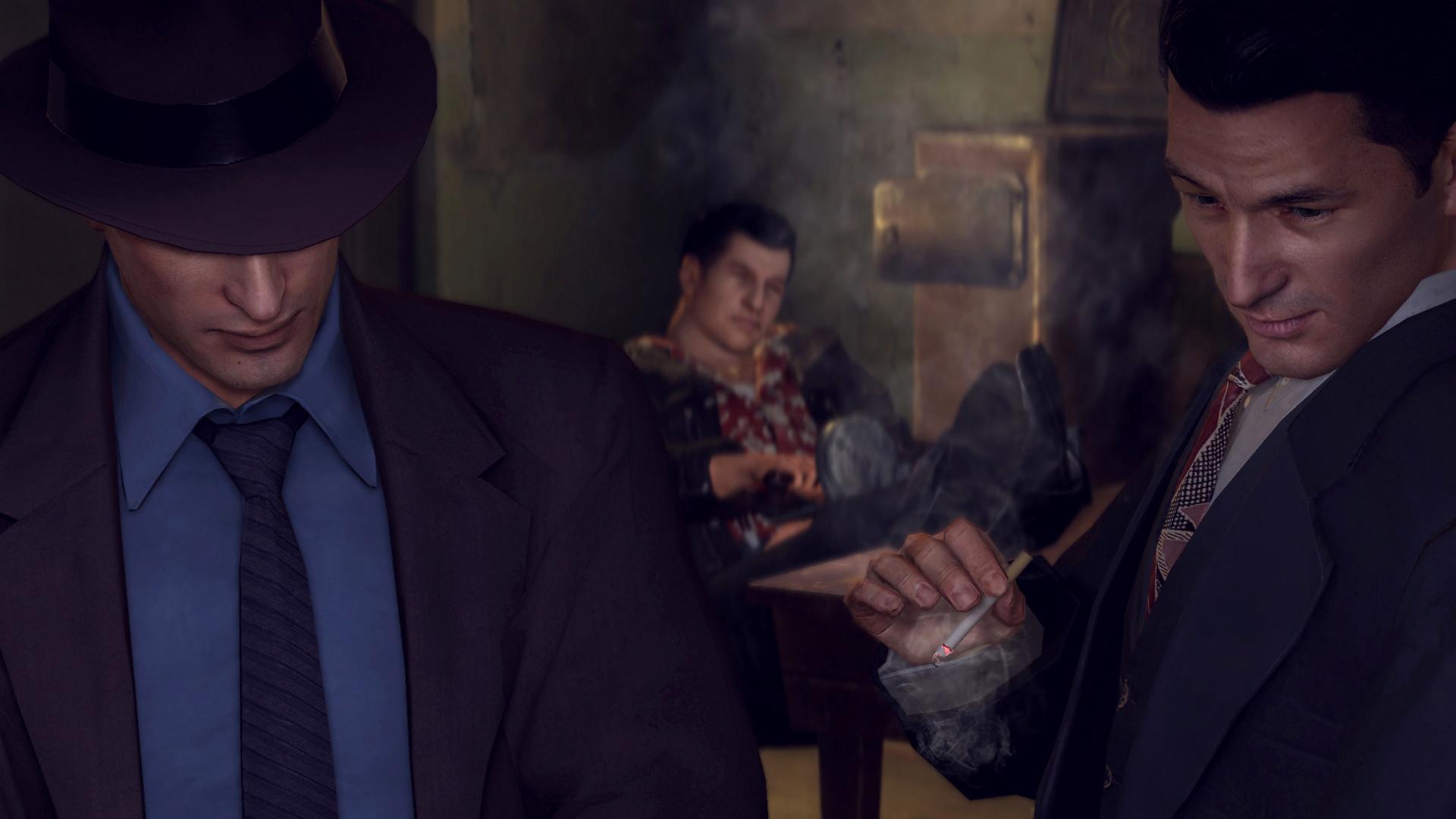 Two mobsters in suits sharing a cigarette in a smoky backroom